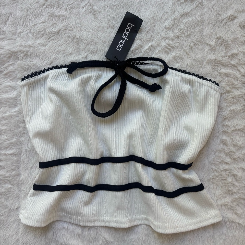 Boohoo White Tank Top with Black Trim